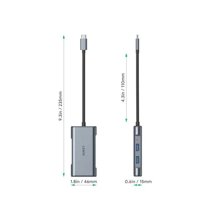 AUKEY CB-C75 aluminiowy Hub USB-C | 6w1 | RJ45 Ethernet 10/100/1000Mbps | 3xUSB 3.1 | HDMI 4k@30Hz | USB-C Power Delivery 100W