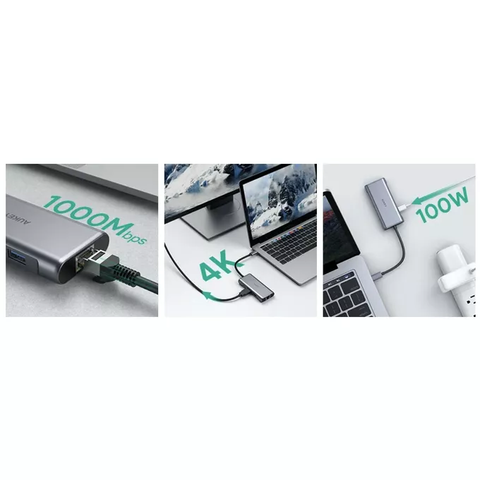AUKEY CB-C75 aluminiowy Hub USB-C | 6w1 | RJ45 Ethernet 10/100/1000Mbps | 3xUSB 3.1 | HDMI 4k@30Hz | USB-C Power Delivery 100W