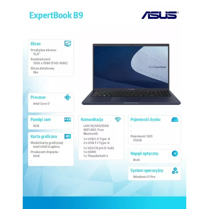 Asus Notebook Asus 15,6 cala B1500CBA-BQ0100X i7-1255U/8GB/512GB/UHD/ W11 PRO ; 36 miesięcy ON-SITE NBD   - wyceny specjalne u PM