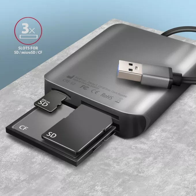 AXAGON Zewnętrzny czytnik kart CRE-S3, USB-A 3. 2 GEN 1, 3-slot lun SD/microSD/CF, obsługa UHS-II