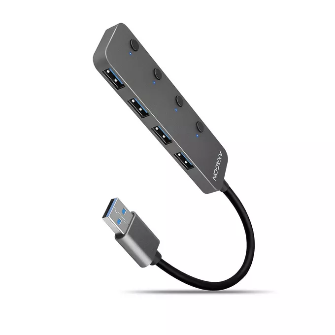 AXAGON Hub 4-portowy HUE-MSA USB 3.2 Gen 1 switch, metalowy, micro USB, 20 cm USB-A kabel