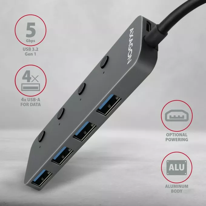 AXAGON Hub 4-portowy HUE-MSA USB 3.2 Gen 1 switch, metalowy, micro USB, 20 cm USB-A kabel