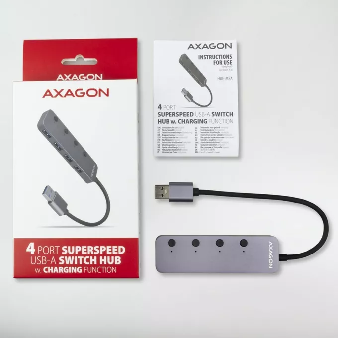 AXAGON Hub 4-portowy HUE-MSA USB 3.2 Gen 1 switch, metalowy, micro USB, 20 cm USB-A kabel