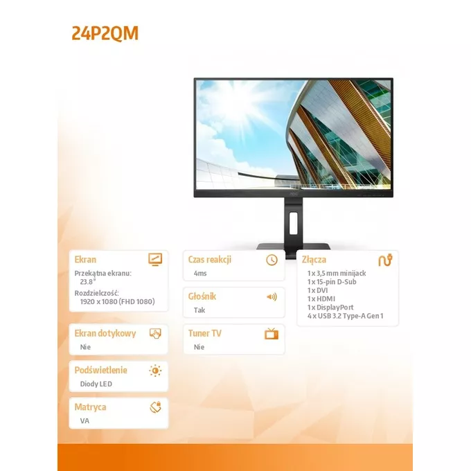 AOC Monitor 24P2QM 23.8 cala VA 75 Hz HDMI DP DVI Pivot