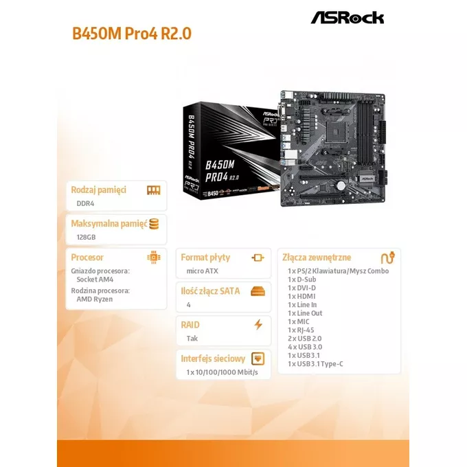 ASRock Płyta główna B450M PRO4 R2.0 AM4 4DDR4 HDMI uATX