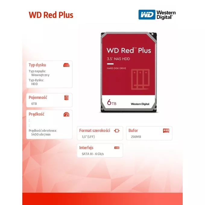 Western Digital Dysk 3,5 cala WD Red Plus 6TB CMR 256MB/5400RPM