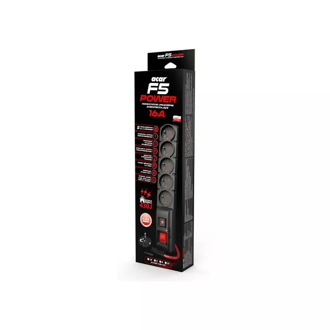 Acar Listwa zasilająca F5 Power 1.5m 16A (5 gniazd) Czarna