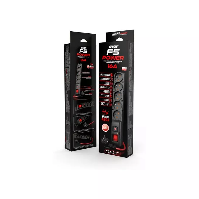 Acar Listwa zasilająca F5 Power 1.5m 16A (5 gniazd) Czarna