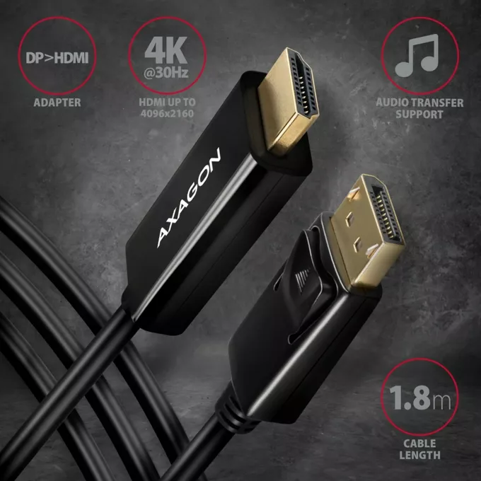 AXAGON Adapter aktywny DisplayPort HDMI 1.4 kabel 1,8m 4K/30Hz, RVD-HI14C2