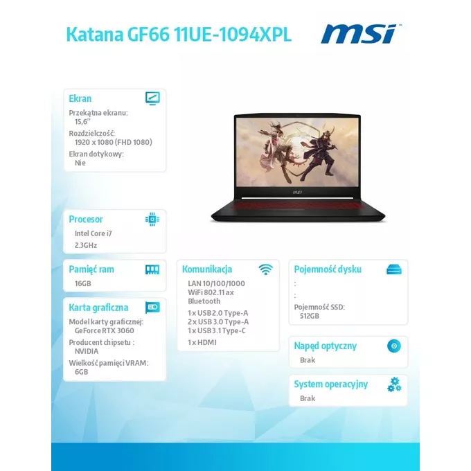 MSI Notebook Katana GF66 GF66 12UE-1094XPL/nOS/i7-12650H/16GB/512SSD/RTX3060/15.6'