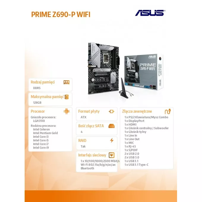Asus Płyta główna PRIME Z690-P WIFI s1700 4DDR5 DP/HDMI ATX