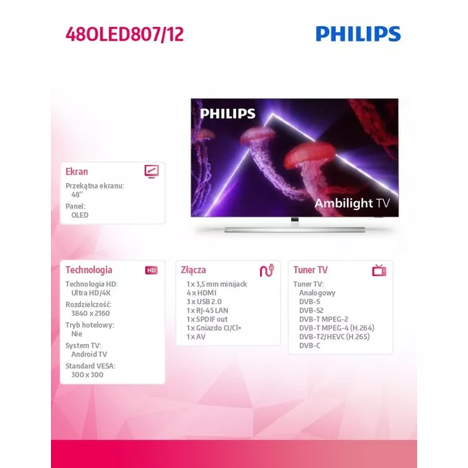 Philips Telewizor 48 cali OLED 48OLED807/12 Android, Ambilight 4