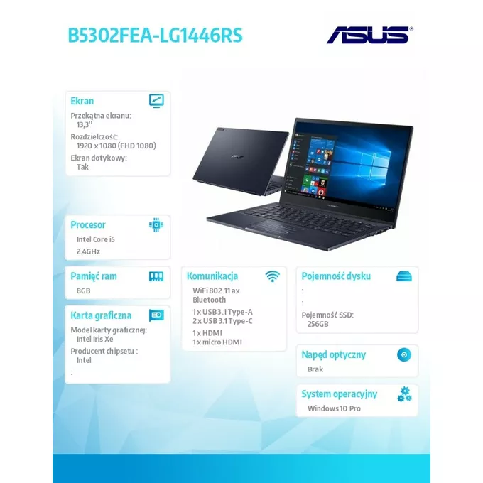 Asus Notebook Asus  B5302FEA-LG1446RS i5 1135G7 8/256/Windows10 PRO  36 miesięcy ON-SITE NBD - wyceny specjalne u PM
