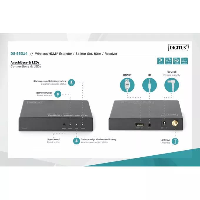 Digitus Przedłużacz (Extender) splitter HDMI bezprzewodowy prezentacyjny 80m 1080p 60Hz FHD 5GHz HDCP 1.3 zestaw