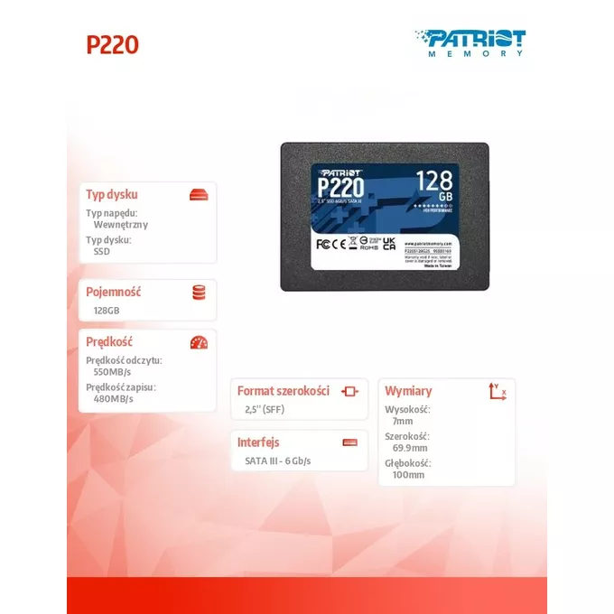 Patriot Dysk SSD 128GB P220 550/480 MB/s SATA III 2.5