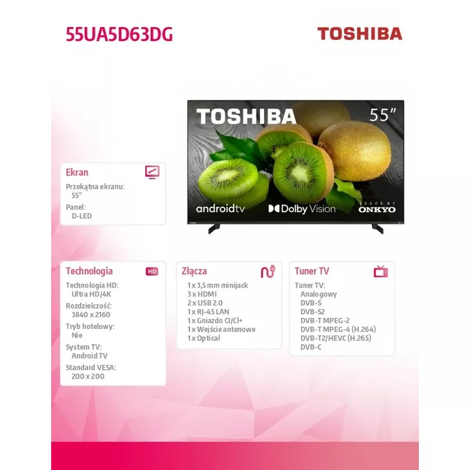 Toshiba Telewizor LED 55 cali 55UA5D63DG
