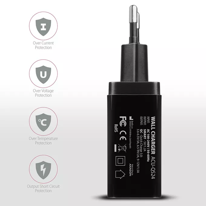 AXAGON ACU-QS24 Ładowarka sieciowa QC 24W, 2x port USB--A, QC3.0/AFC/FCP + 5V/1.2A