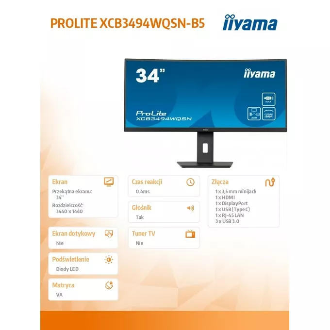 IIYAMA Monitor 34 cale XCB3494WQSN-B5 VA,UWQHD,1500R,USB-cDock,KVM,HAS(150mm)