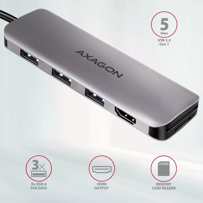AXAGON HMC-HCR3A Wieloportowy hub 3x USB-A + HDMI + SD/microSD, USB-C 3.2 Gen1, 20cm USB-C kabel