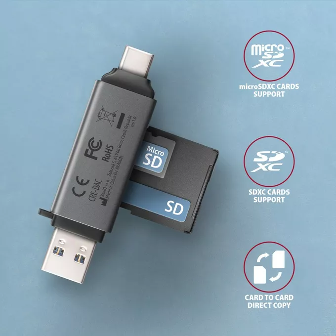 AXAGON CRE-DAC Czytnik kart zewnętrzny USB3.2 Gen 1 Type-C + Type-A SD/microSD