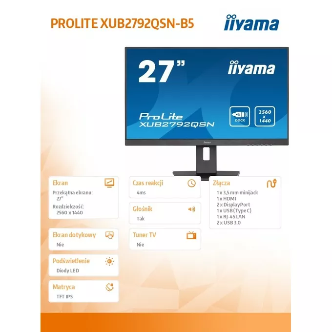 IIYAMA Monitor 27 cali XUB2792QSN-B5 IPS,QHD,USB-c Dock,HDMI,DP,HAS(150mm)