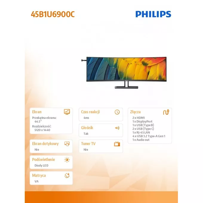 Philips Monitor 45 cali 45B1U6900C VA Curved HDMIx2 DP USB-C  HDR KVR HAS Głośniki