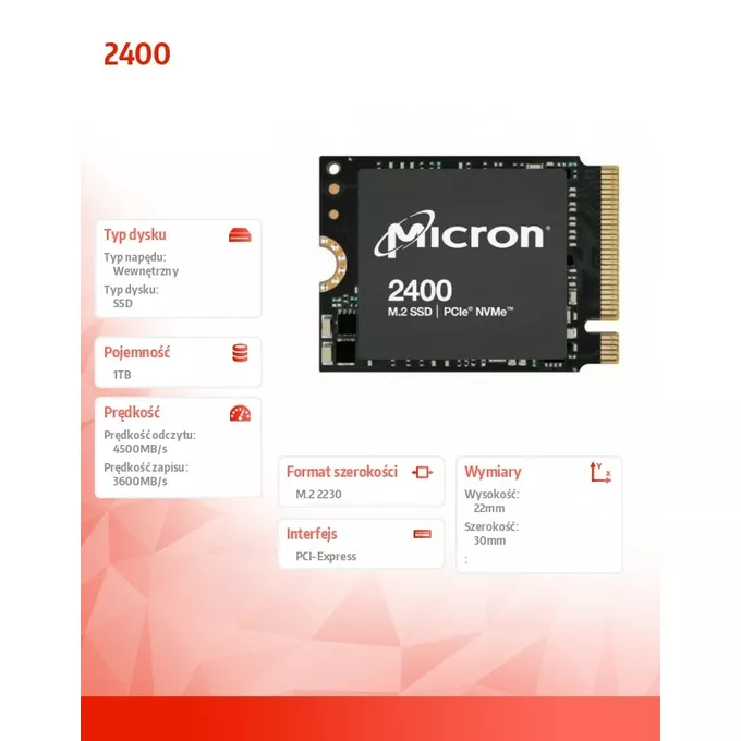 Micron Dysk SSD 2400 1TB NVMe M.2 22x30mm