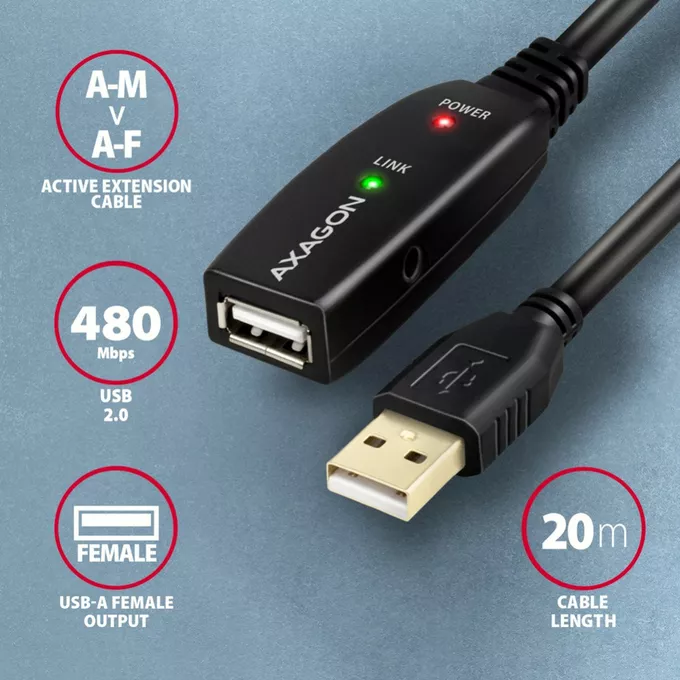 AXAGON Kabel ADR-220 USB 2.0 A-M -&gt; A-F aktywny kabel przedłużacz/wzmacniacz 20m