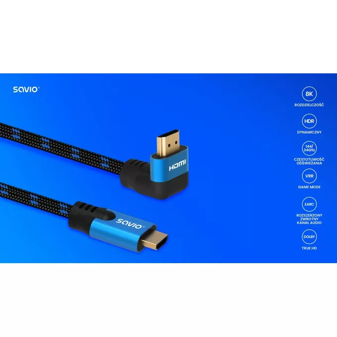 Savio Kabel HDMI (M) v2.1, kątowy, 5m, 8K, miedź, niebiesko-czarny, złote końcówki, ethernet/3D, CL-175