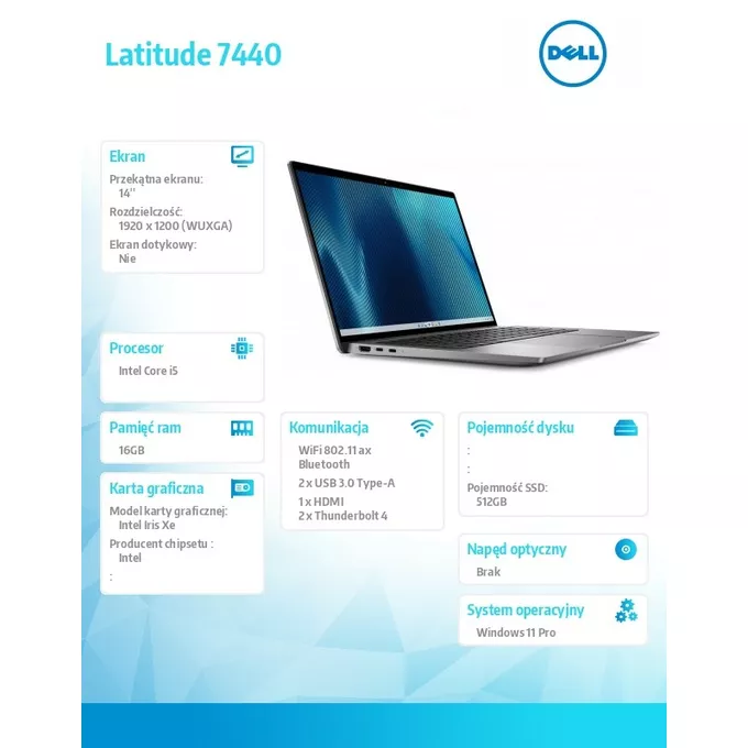 Dell Notebook Latitude 7440/Core i5-1335U/16GB/512GB SSD/14.0 FHD/Intel Iris Xe/ThBlt &amp; FgrPr &amp; SmtCd/FHD/IR Cam/Mic/WLAN + BT/Backlit Kb/3 Cell/W11Pro