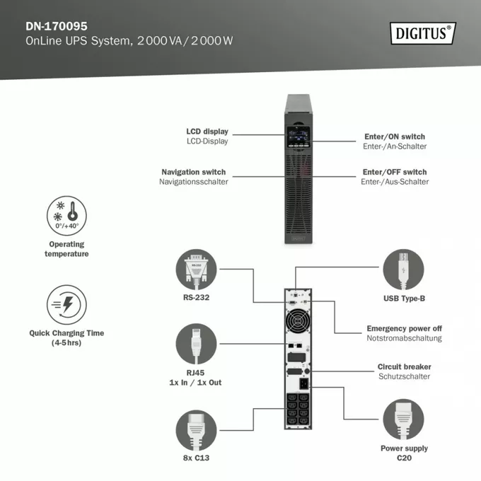 Digitus Zasilacz awaryjny UPS Online Rack 19&quot; LCD, 2000VA/2000W, 4x12V/9Ah, 8xC13, USB, RS232, RJ45