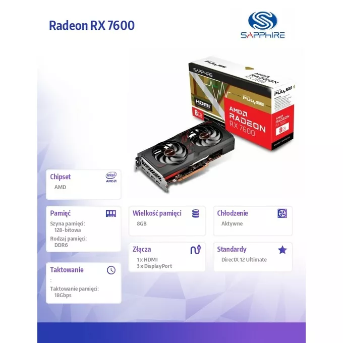 Sapphire Technology Karta graficzna Radeon RX 7600 Gaming OC 8G GDDR6 128bit 3DP/HDMI