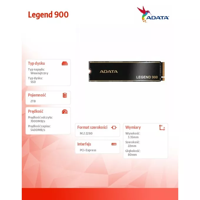 Adata Dysk SSD Legend 900 2TB PCIe 4x4 7/5.4 GB/s M2