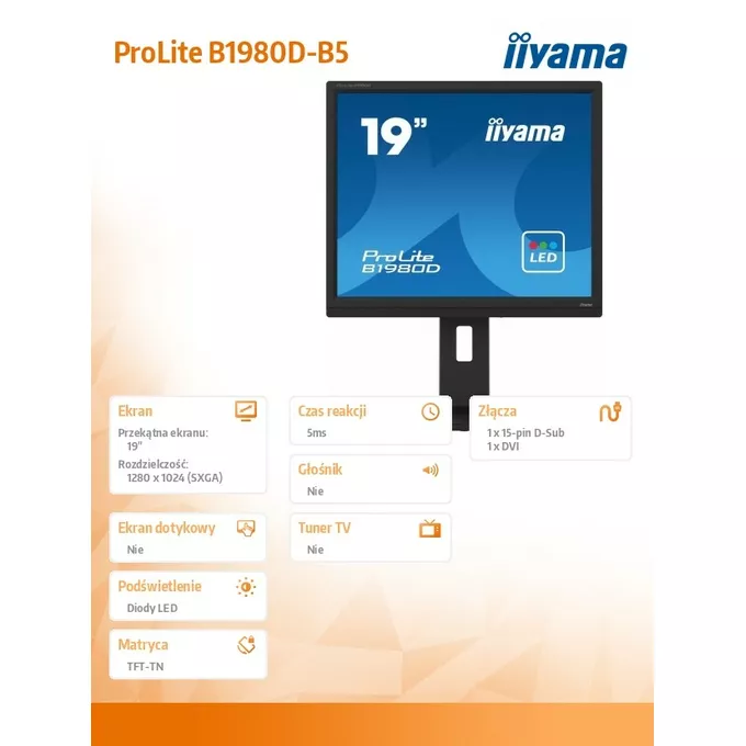 IIYAMA Monitor 19 cali B1980D-B5 DVI,VGA,PIVIOT,HAS/150mm,5:4