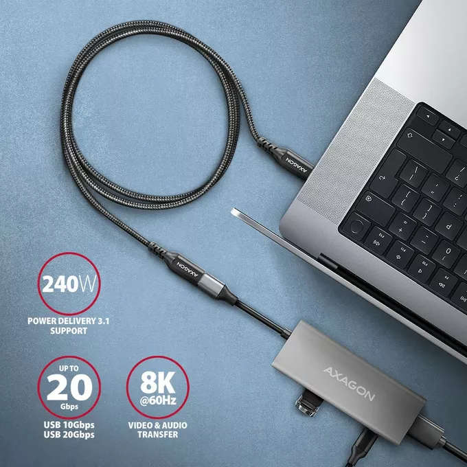 AXAGON BUCM32-CF05AB Kabel przedłużacz Gen2 USB-C - USB-C 0.5m, 5A, 20Gbps, PD 240W, oplot