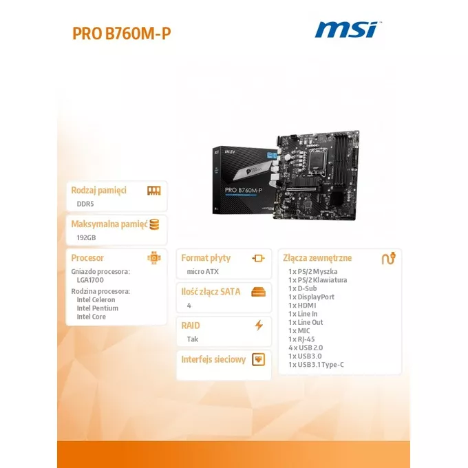 MSI Płyta główna PRO B760M-P s1700 4DDR5 DP/HDMI 2M.2 mATX