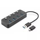 Digitus Hub USB 3.0/Koncentrator 4-portowy USB A + adapter USB-C 5Gbps z wyłącznikami, aluminiowy, pasywny