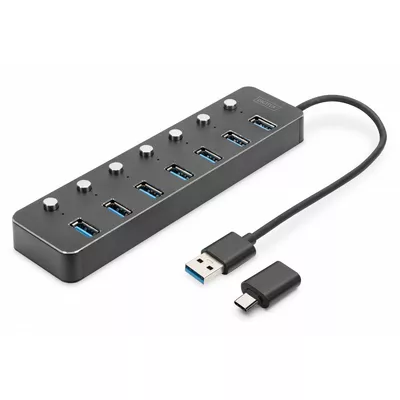 Digitus Hub USB 3.0/Koncentrator 7-portowy USB A + adapter USB-C 5Gbps z wyłącznikami, aluminiowy, aktywny