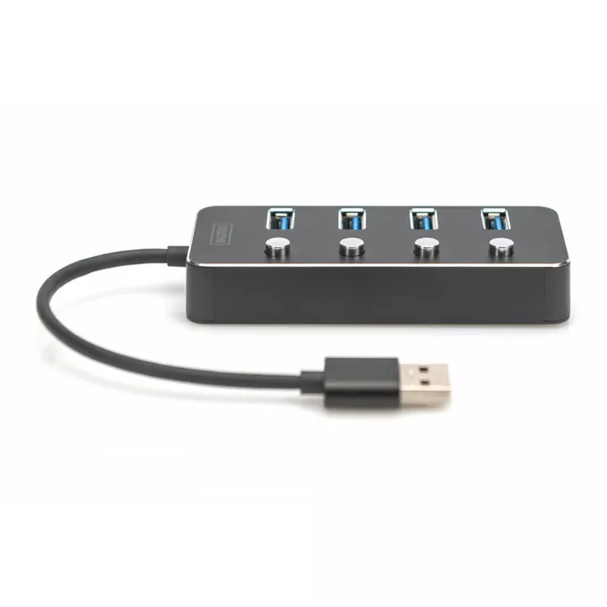 Digitus Hub USB 3.0/Koncentrator 4-portowy USB A + adapter USB-C 5Gbps z wyłącznikami, aluminiowy, pasywny