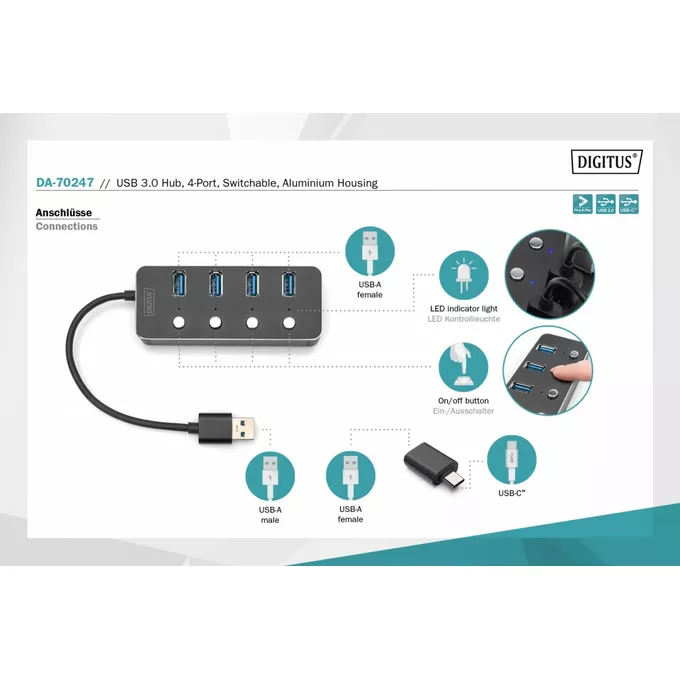 Digitus Hub USB 3.0/Koncentrator 4-portowy USB A + adapter USB-C 5Gbps z wyłącznikami, aluminiowy, pasywny