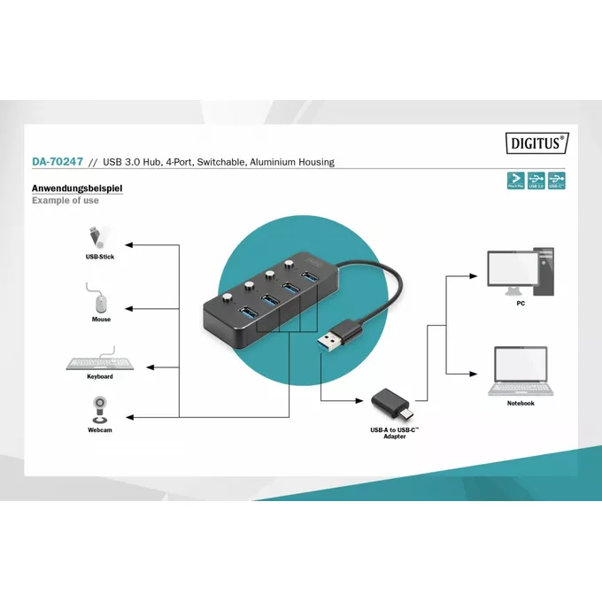 Digitus Hub USB 3.0/Koncentrator 4-portowy USB A + adapter USB-C 5Gbps z wyłącznikami, aluminiowy, pasywny