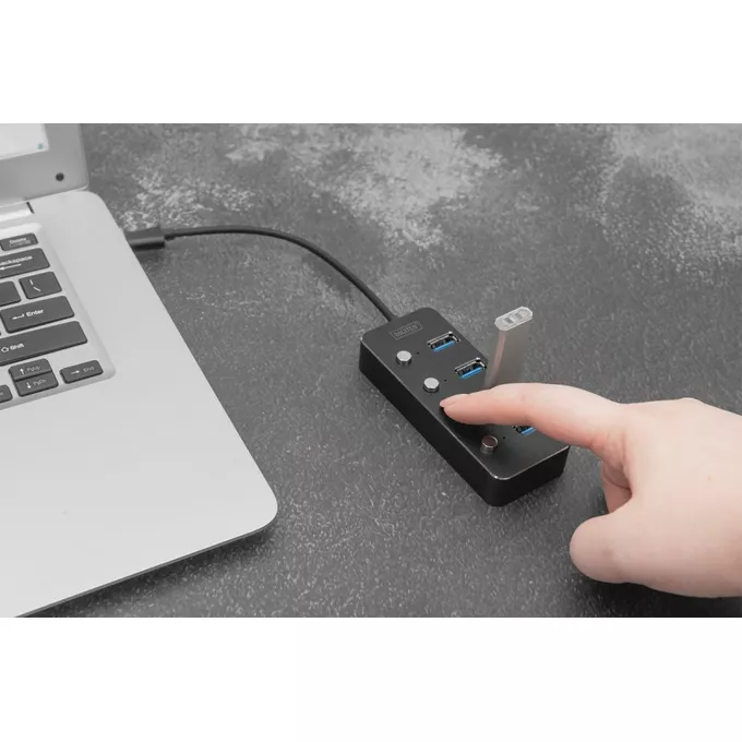 Digitus Hub USB 3.0/Koncentrator 4-portowy USB A + adapter USB-C 5Gbps z wyłącznikami, aluminiowy, pasywny