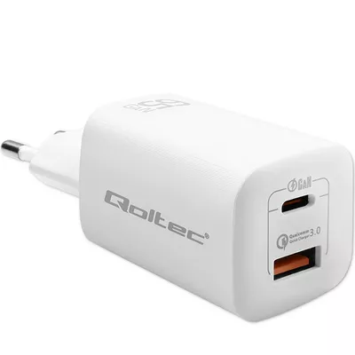 Qoltec Ładowarka sieciowa 65W GaN ULTRA | 5-20V | 2.25-3.25A | 1 x USB  typ C PD | 1 x USB QC 3.0 | Biała