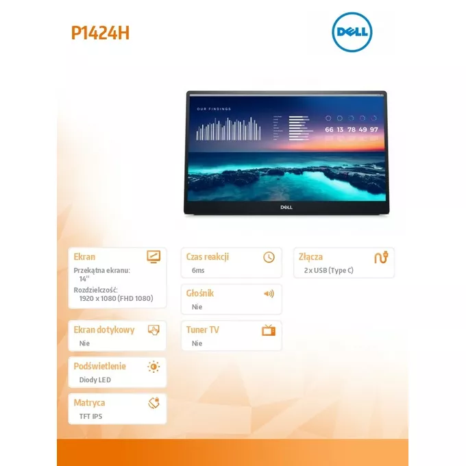 Dell Monitor przenośny P1424H 14.0 cali 16:9/1920x1080/2xUSB-C