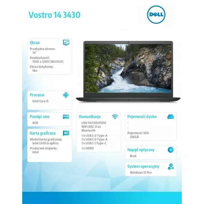 Dell Notebook Vostro 14 (3430) Win11Pro i5-1335U/8GB/256GB SSD/14.0 FHD/Intel UHD/FgrPr/Cam &amp; Mic/WLAN + BT/Backlit Kb/3 Cell/3YPS