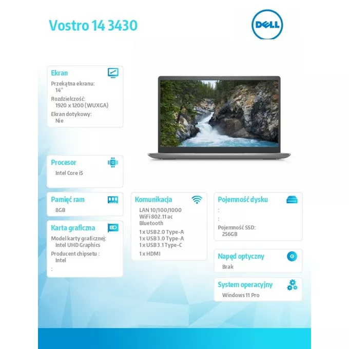 Dell Notebook Vostro 14 (3430) Win11Pro i5-1335U/8GB/256GB SSD/14.0 FHD/Intel UHD/FgrPr/Cam &amp; Mic/WLAN + BT/Backlit Kb/3 Cell/3YPS Aluminium