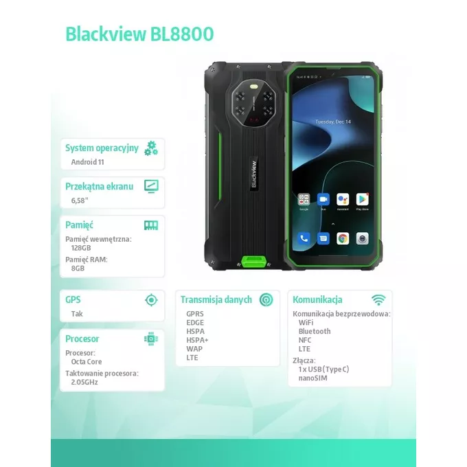 Blackview Smartfon BV8800 8/128GB 8380 mAh DualSIM zielony