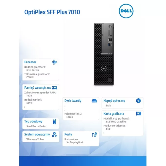 Dell Komputer Optiplex SFF Plus/Core i7-13700/16GB/512GB SSD/Integrated/No Wifi/Kb &amp; Mouse/260W/W11Pro/vPro