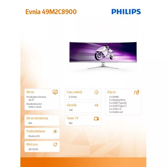 Philips Monitor Evnia 49M2C8900 49 cali Curved QD OLED 240Hz HDMI DP USB-C HAS HDR Ambiglow