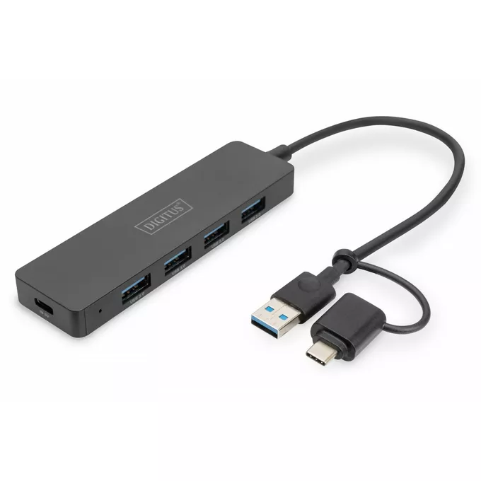 Digitus Hub USB 3.0/Koncentrator 4-portowy SlimLine USB A + adapter USB-C 5Gbps, złącze zasilania USB-C